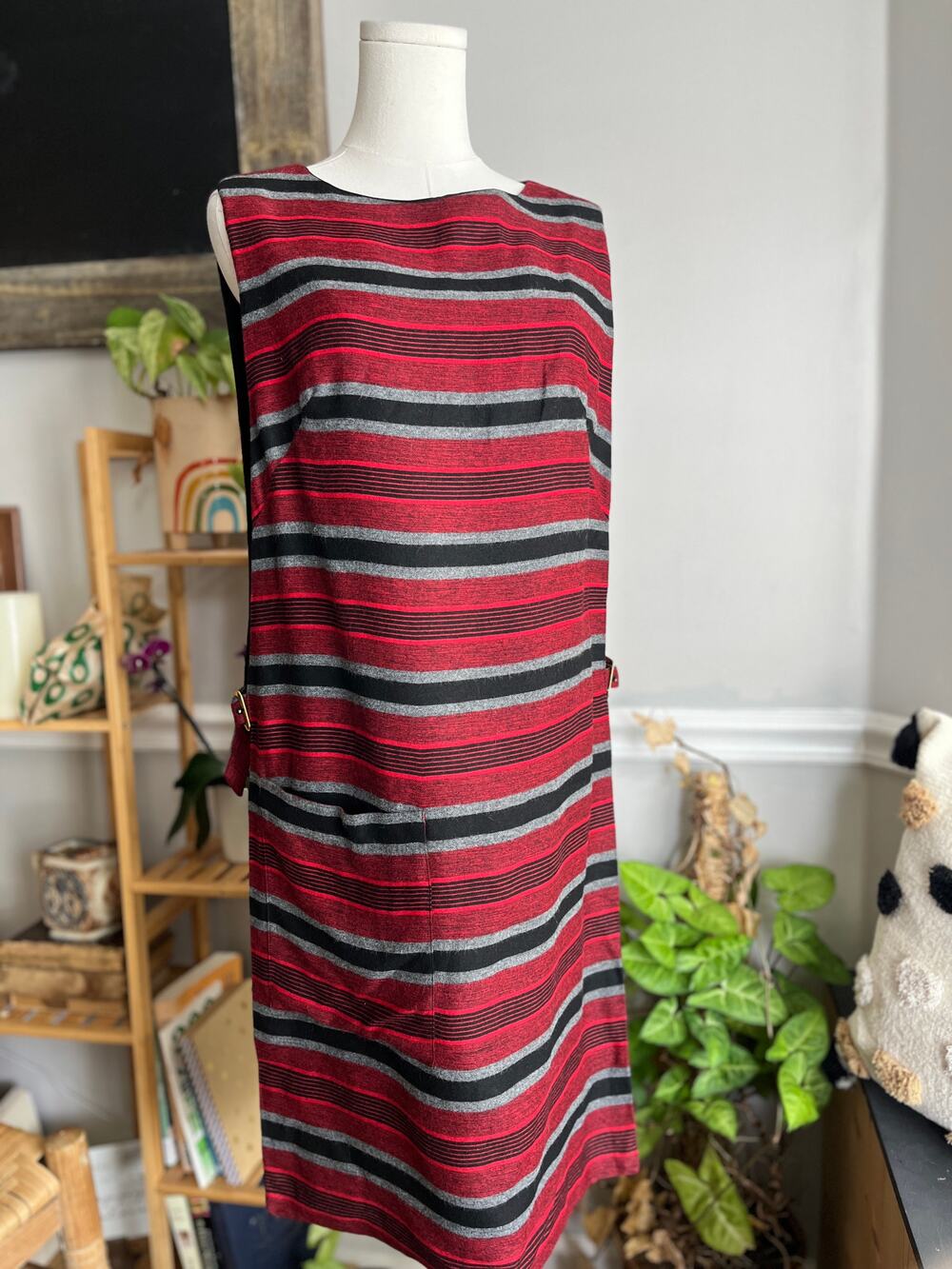 Vintage 90s Pinafore Dress Red Black Gray Striped Lagenlook Size Small